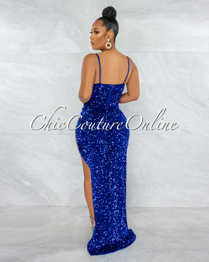 Vendor-unknown Melisia Royal Blue Mesh Sequins Velvet Maxi Bodysuit Dress JUST IN