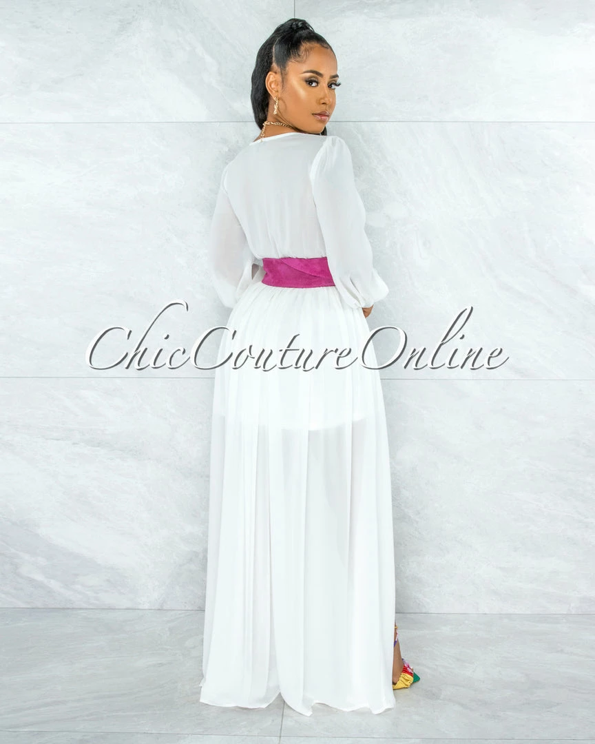 Vendor-unknown JUST IN Canela Ivory Long Sleeves Belted Maxi Dress
