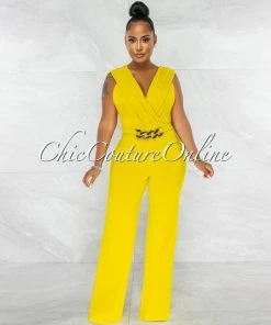 Chic Couture Online Aimee Lime Pleated Bust Gold Link Jumpsuit JUST IN