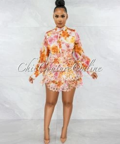 Vendor-unknown Helen Orange Pink Floral Embroidery Ultra Mini Bodysuit Dress