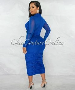 Chic Couture Online Gerlie Royal Blue Crossed Bust Mesh Ruched Midi Dress JUST IN