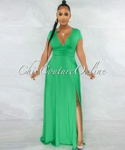 Chic Couture Online JUST IN Styx Kelly Green Draped Waistband Maxi Slit Dress