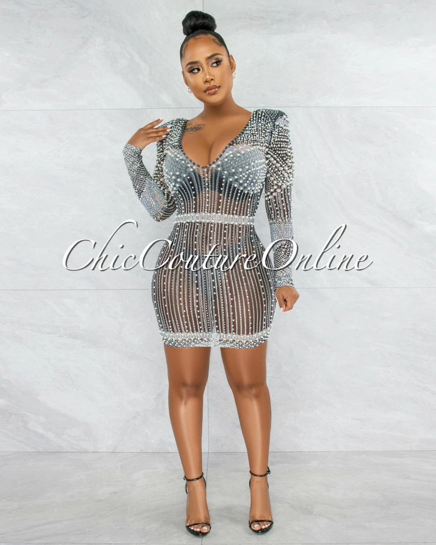 Vendor-unknown JUST IN Rodriga Black Pearl Rhinestones Sheer Mini Dress