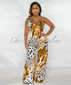 Chic Couture Online Adael Brown Leopard Print Low Back Jumpsuit & Bandana