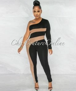 Vendor-unknown JUST IN Vicente Black Nude Mesh Details Single Shoulder Jumpsuit