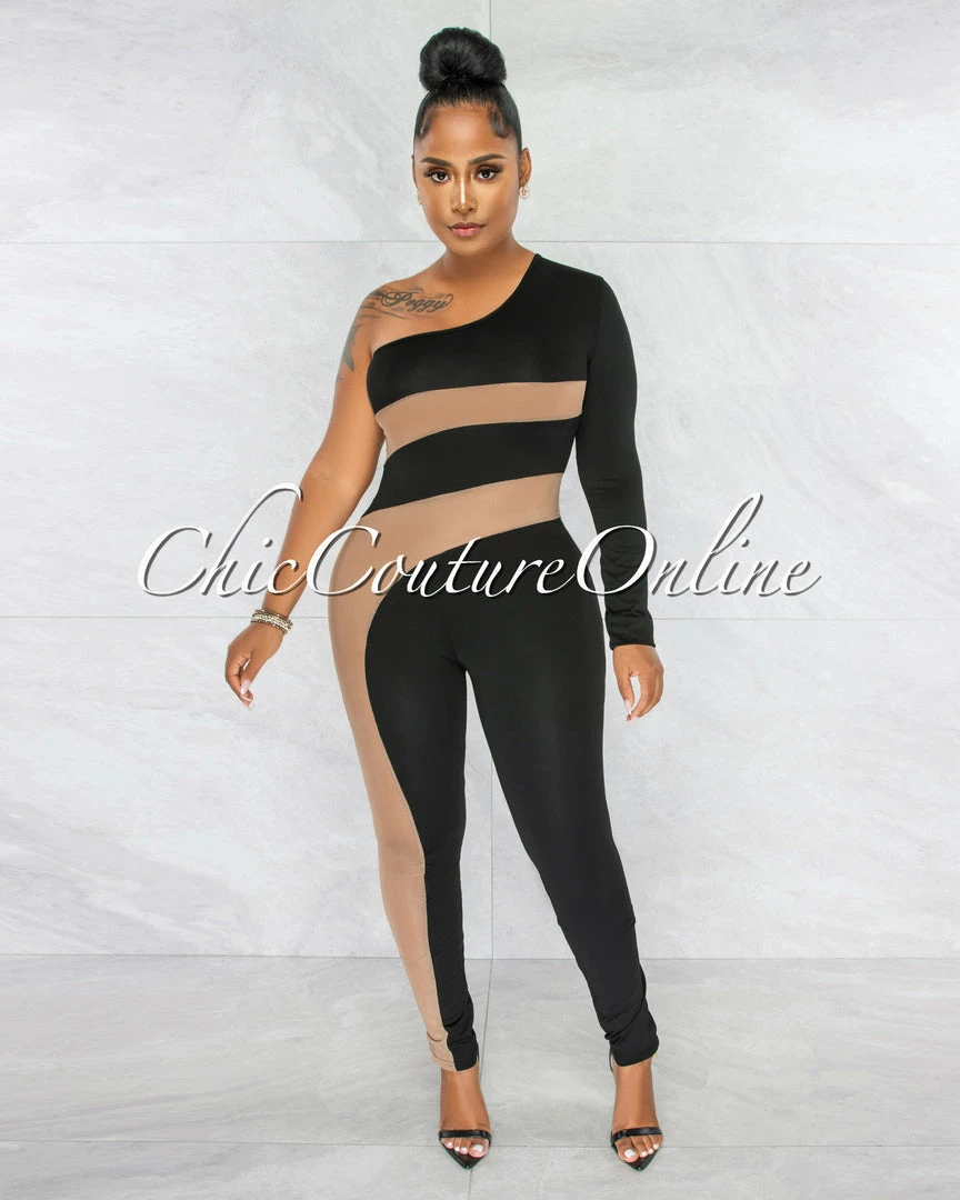 Vendor-unknown JUST IN Vicente Black Nude Mesh Details Single Shoulder Jumpsuit