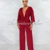 Vendor-unknown Shadone Burgundy Deep V Neckline Front Knot Jumpsuit