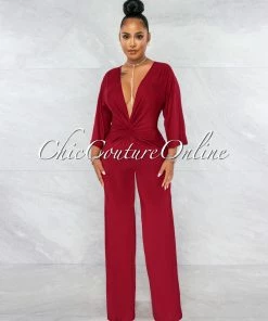 Vendor-unknown Shadone Burgundy Deep V Neckline Front Knot Jumpsuit