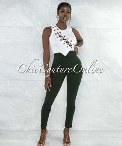 Vendor-unknown JUST IN Fana White Lace-Up Gold Details Ribbed Bodysuit