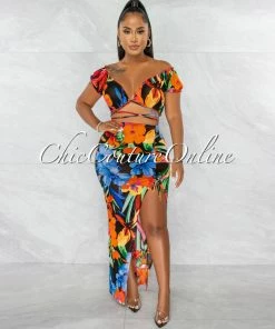 Chic Couture Online Waylon Black Orange Blue Floral Mesh Cover Up Set JUST IN