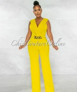 Chic Couture Online Aimee Lime Pleated Bust Gold Link Jumpsuit JUST IN