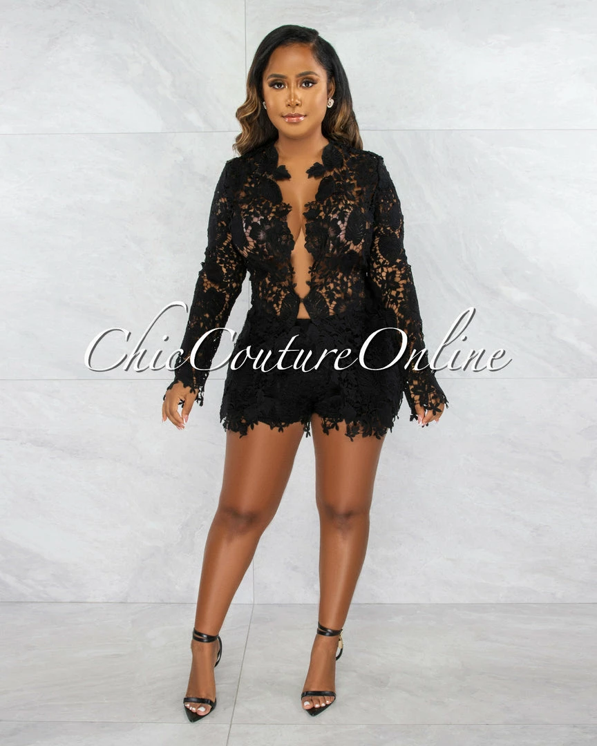 Chic Couture Online JUST IN Carencia Black Crochet Sheer Suit Shorts Set