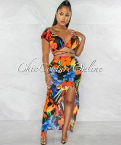 Chic Couture Online Waylon Black Orange Blue Floral Mesh Cover Up Set JUST IN