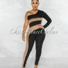 Vendor-unknown JUST IN Vicente Black Nude Mesh Details Single Shoulder Jumpsuit