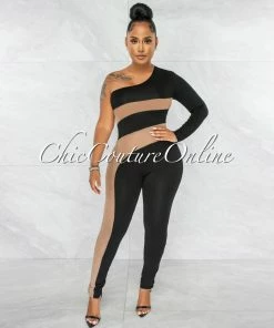 Vendor-unknown JUST IN Vicente Black Nude Mesh Details Single Shoulder Jumpsuit