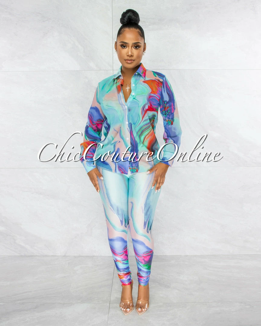 Vendor-unknown JUST IN Untra Jade Blue Print Semi-Sheer Blouse & Leggings Set