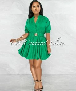 Vendor-unknown JUST IN Breanna Emerald Green Gold Buckle Bubble Dress