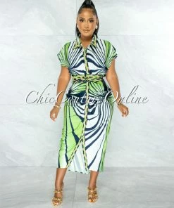 Chic Couture Online Skyler Green Navy Blue Gold Print Buttons Drape Shirt Dress