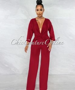 Vendor-unknown Shadone Burgundy Deep V Neckline Front Knot Jumpsuit