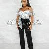 Vendor-unknown Barina White Black Polka Dots Tulle Bow Jumpsuit