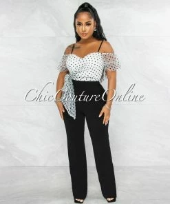 Vendor-unknown Barina White Black Polka Dots Tulle Bow Jumpsuit