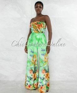 Vendor-unknown Stacie Green Floral Print Smocked Top Jumpsuit JUST IN
