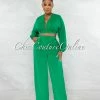 Chic Couture Online Paola Green Long Sleeves Crop Top & Wide Pants Set