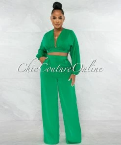 Chic Couture Online Paola Green Long Sleeves Crop Top & Wide Pants Set
