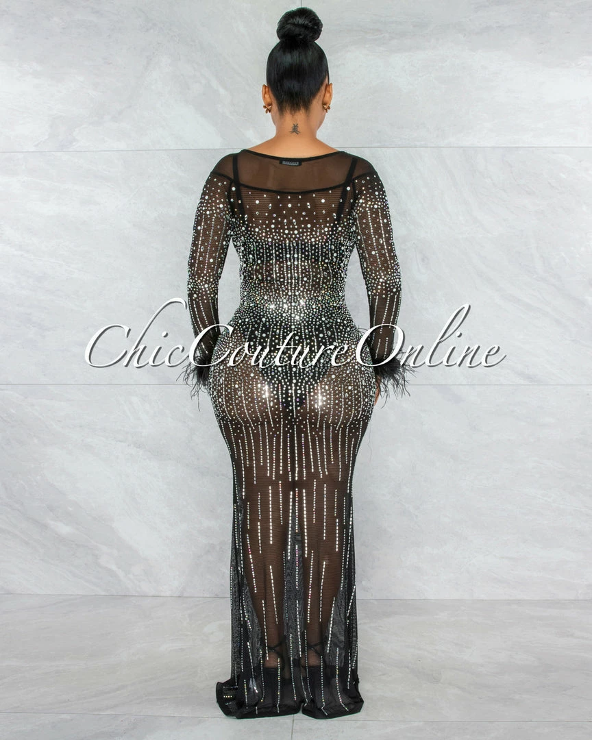 Vendor-unknown JUST IN Karibe Black Mesh Rhinestones Feather Long Sleeves Maxi Dress
