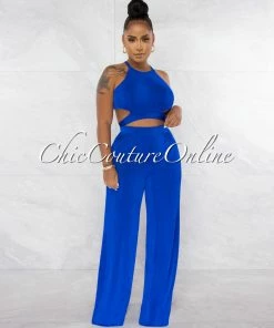 Chic Couture Online Ramona Royal Blue Multi-Way Tie Crop Top & Wide Pants Set