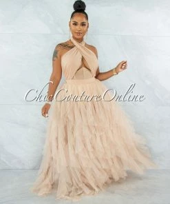 Vendor-unknown Angelica Nude Tulle Halter Ruffle Maxi Dress JUST IN