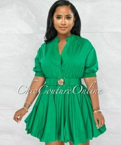Vendor-unknown JUST IN Breanna Emerald Green Gold Buckle Bubble Dress