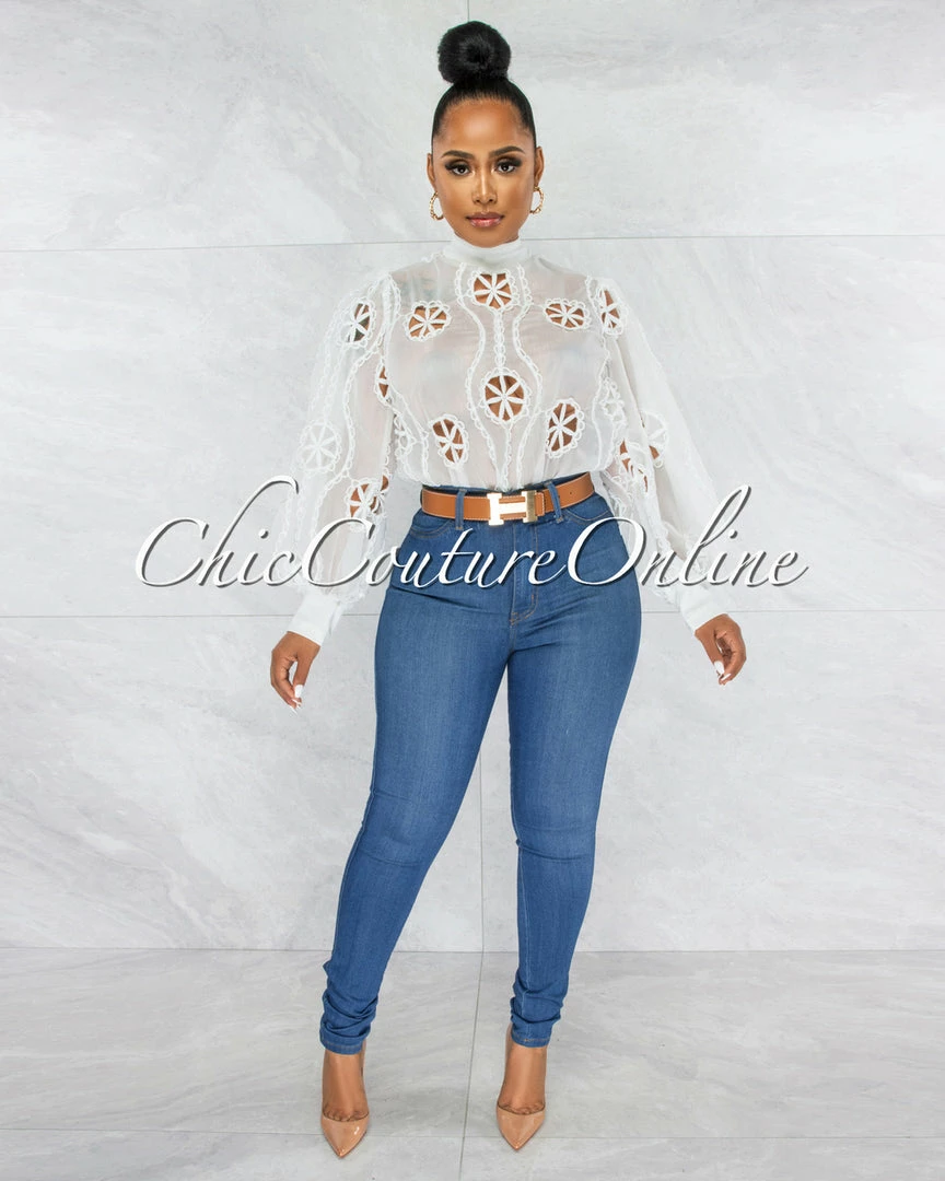 Vendor-unknown Sikina Off-White Sheer Embroidery Bodysuit JUST IN