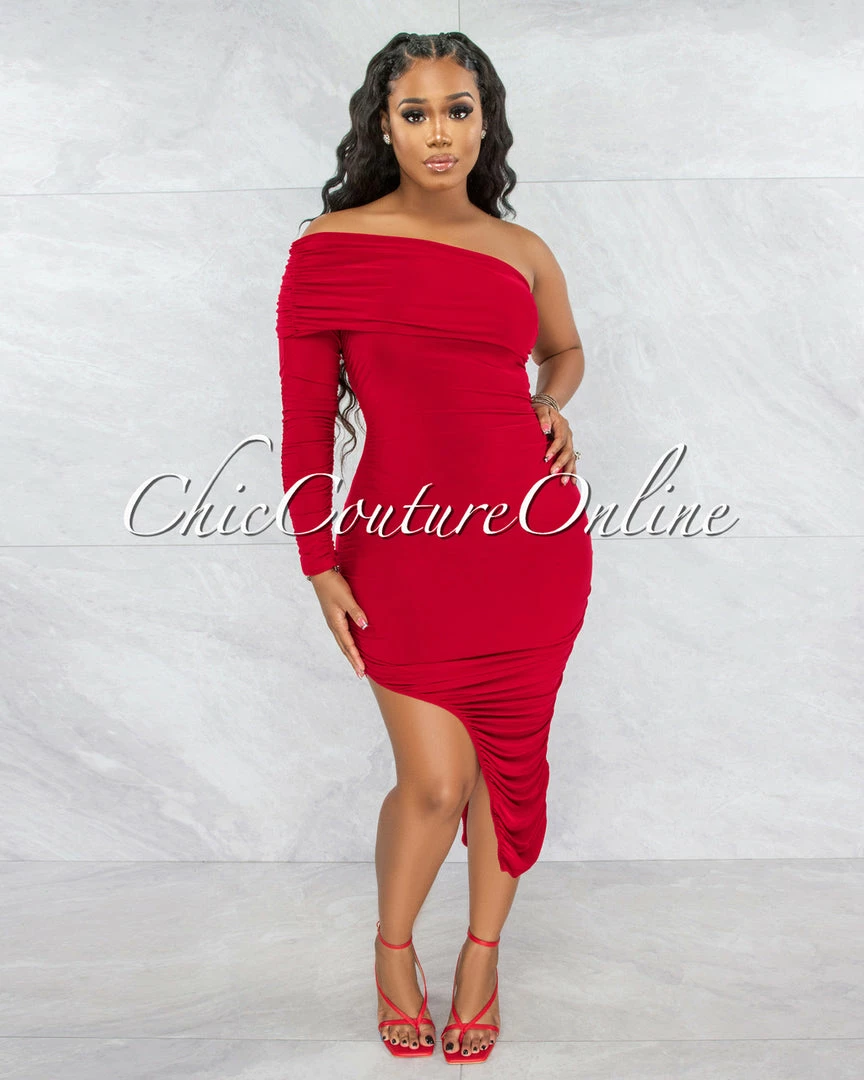 Vendor-unknown JUST IN Brendy Red Ruched Single Long Sleeve Dress