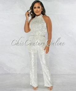 Vendor-unknown JUST IN Bengala Nude Silver Sequins Halter Jumpsuit