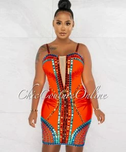Chic Couture Online Patrina Orange Multi-Color Rhinestones Bandage Dress