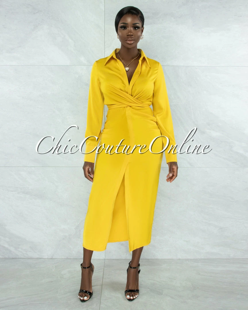 Vendor-unknown JUST IN Josefa Mustard Draped Front Tie Shirt Maxi Satin Dress