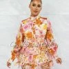 Vendor-unknown Helen Orange Pink Floral Embroidery Ultra Mini Bodysuit Dress