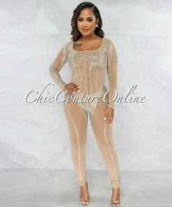 Vendor-unknown Davera Nude Rhinestones Mesh Sheer Jumpsuit W Choker JUST IN