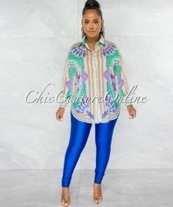 Chic Couture Online Zandrie Royal-Blue High Waist Front Zipper Shimmer Leggings JUST IN