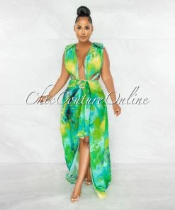 Chic Couture Online JUST IN Siren Green Palm Print Rhinestones Luxe Swimsuit & Cover-up
