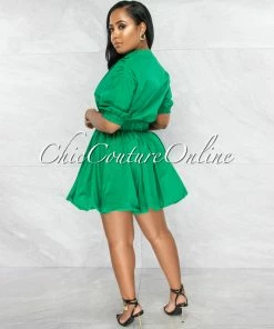 Vendor-unknown JUST IN Breanna Emerald Green Gold Buckle Bubble Dress