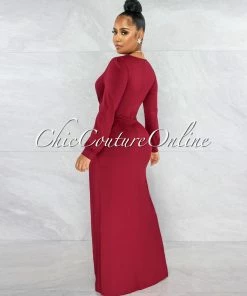 Vendor-unknown Camelia Burgundy Drape Side Slit Maxi Dress