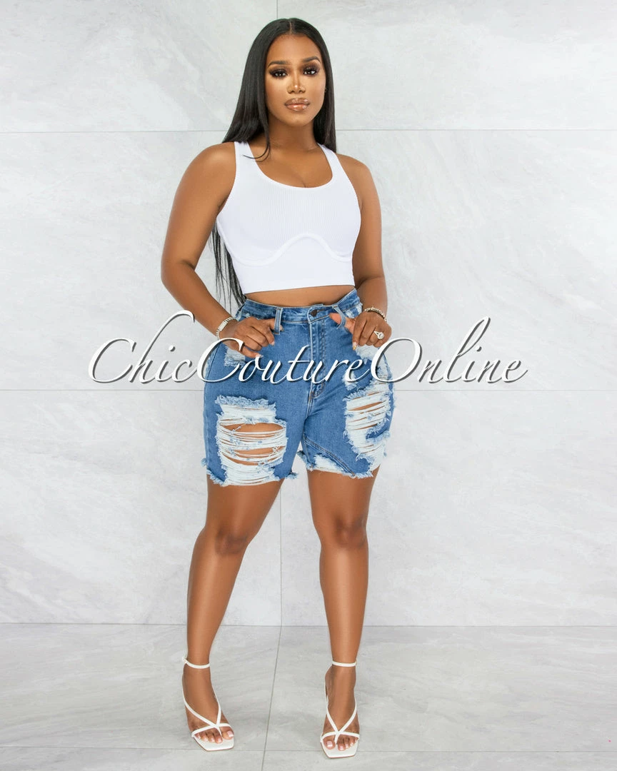Vendor-unknown JUST IN Luberda Medium Denim High Waist Destroyed Shorts