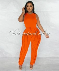 Chic Couture Online JUST IN Janiel Orange Bodysuit & Fringe Pants Set