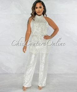 Vendor-unknown JUST IN Bengala Nude Silver Sequins Halter Jumpsuit