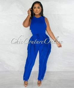 Chic Couture Online Janiel Royal Blue Bodysuit & Fringe Pants Set