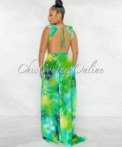 Chic Couture Online JUST IN Siren Green Palm Print Rhinestones Luxe Swimsuit & Cover-up