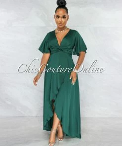 Vendor-unknown JUST IN Jesimiel Hunter Green Drape Dramatic High-Low Slit Dress