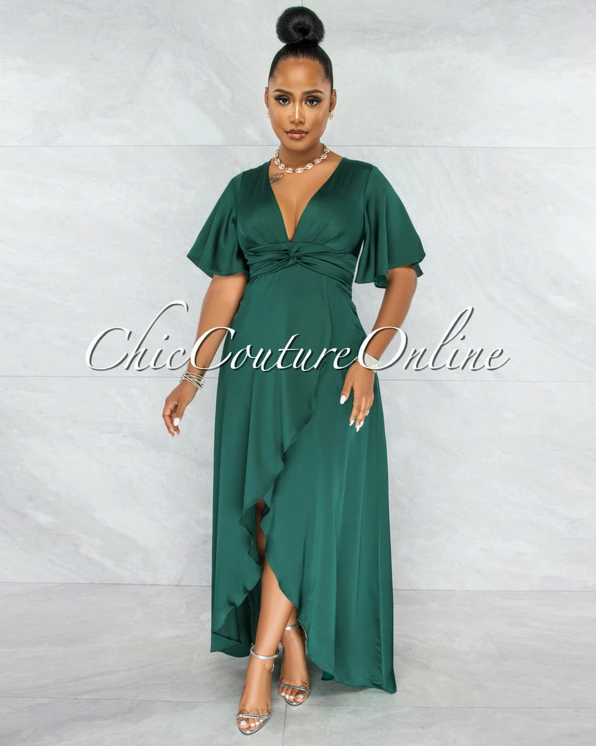 Vendor-unknown JUST IN Jesimiel Hunter Green Drape Dramatic High-Low Slit Dress